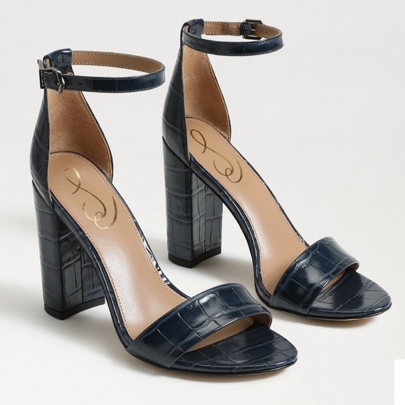 Sam Edelman Yaro Block Heel Navy Leather Croc Sandal - Picture 1 of 13